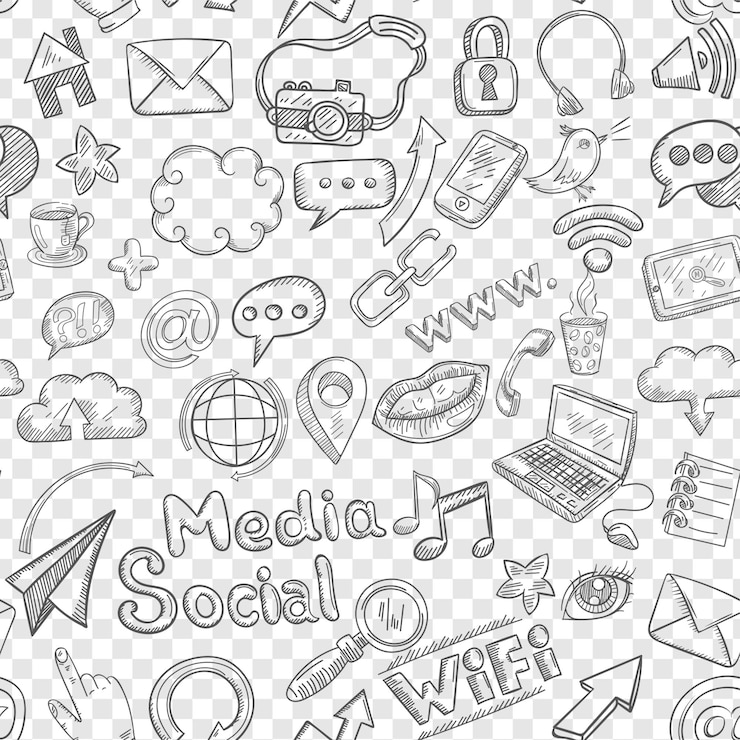 PSD social seamless doodle isoliert auf transparentem hintergrund