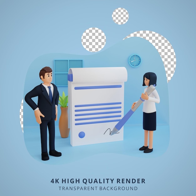 El socio comercial firma el documento de contacto ilustración de carácter 3d