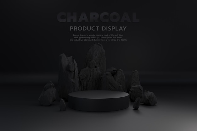 PSD socle de podium de luxe noir pour fond de vitrine de produit décoré de charbon de bois, rendu 3d