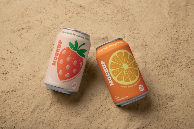 Soda de vista superior na maquete de praia
