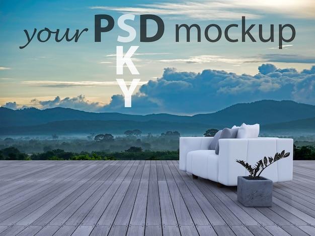 PSD sofá 3d na opinião de montanha do sundeck
