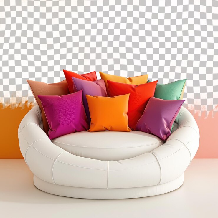 PSD un sofá con almohadas de colores en él y una pared detrás de él