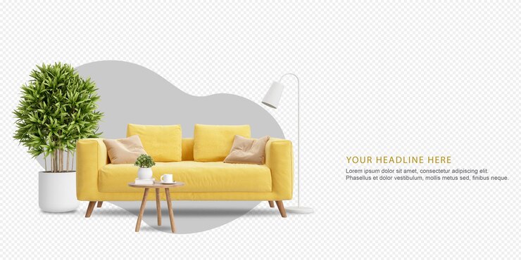 Sofá amarelo e planta em renderização 3d