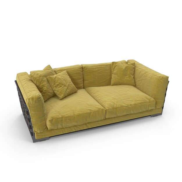 un sofá amarillo con una almohada en él que dice la palabra en el lado