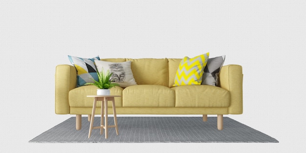 Sofá amarillo y almohadas en 3D rendering