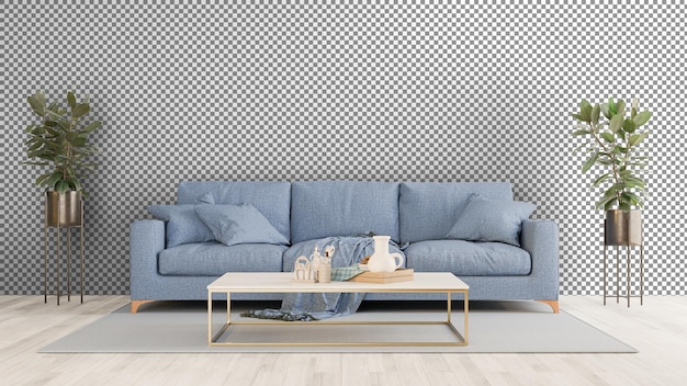 un sofá azul y una mesa de café en una habitación