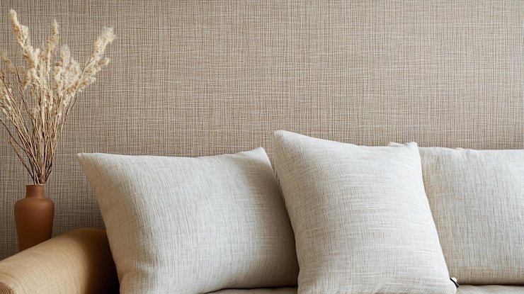PSD sofa beige con almohadas y flores secas contra la pared de textura