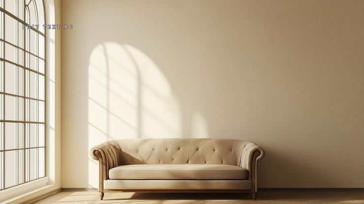 PSD sofá beige en una habitación minimalista iluminada por el sol con ventana arqueada 1