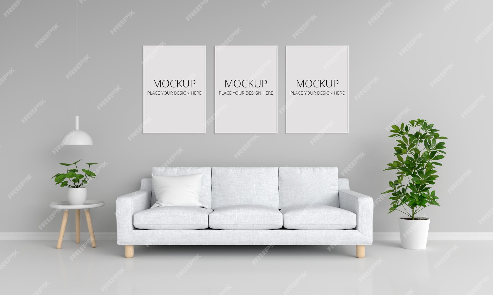 Sofá blanco en la sala de estar gris con maqueta de marcos | Archivo PSD  Premium