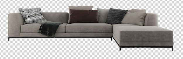 Sofá cinza grande em forma de L e almofadas transparentes