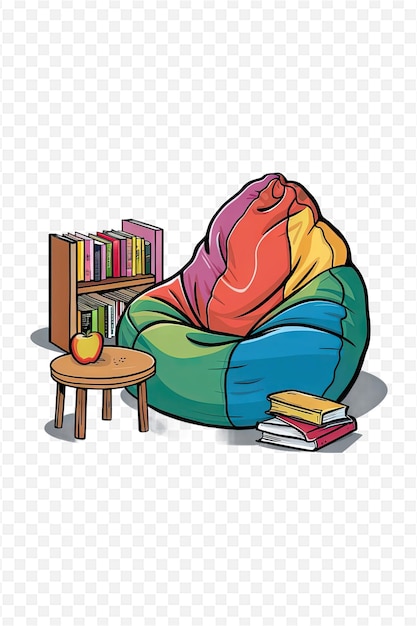 un sofá colorido con libros y un libro en la mesa