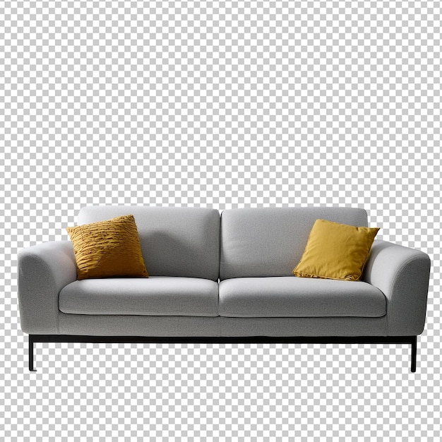 un sofá gris con almohadas amarillas en él y un fondo blanco con una imagen de una almohada amarilla