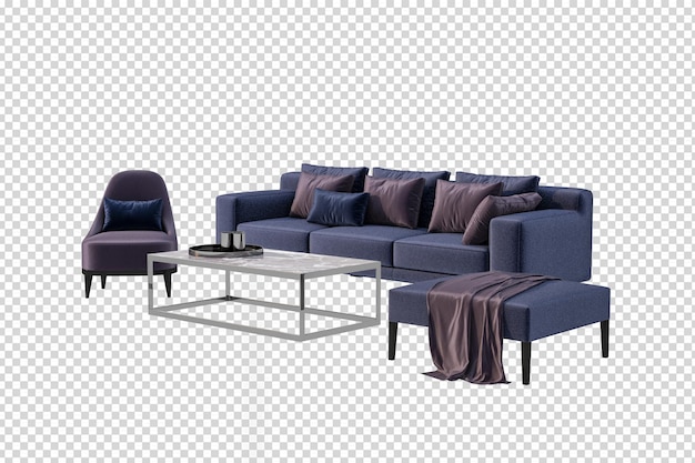 Sofa im Wohnzimmer in 3D-Rendering isoliert
