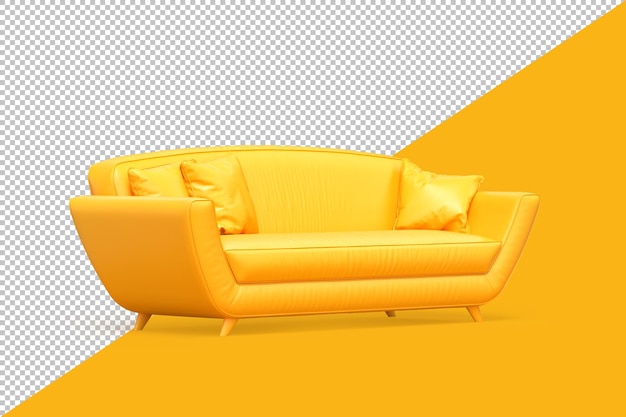 Sofá minimalista amarillo sobre fondo amarillo. Representación 3D