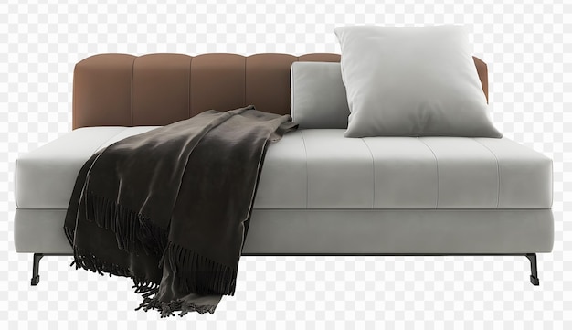 Sofá moderno gris marrón y almohada sobre fondo transparente. representación 3d
