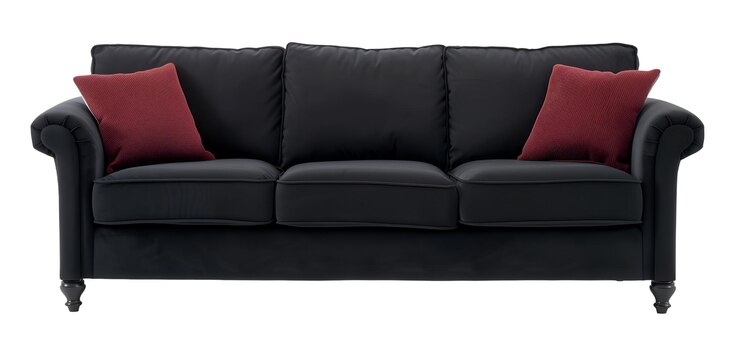 PSD un sofá negro con almohadas rojas y un sofá negro