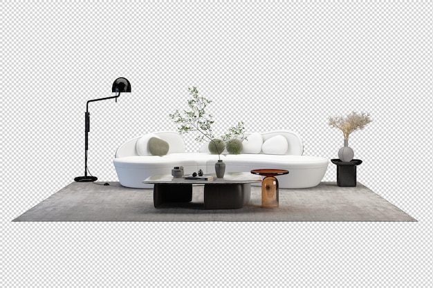 Sofá y planta en renderizado 3d
