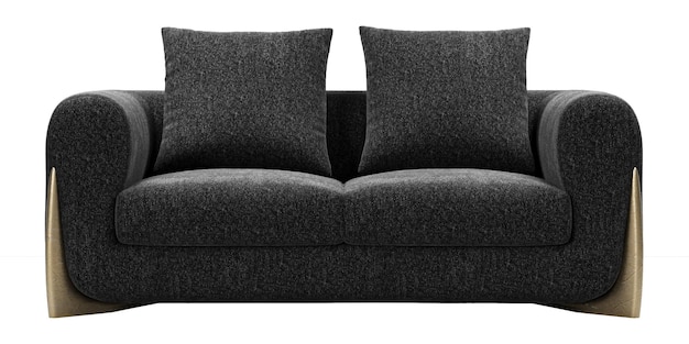 PSD sofá preto moderno e de luxo com travesseiros e pernas douradas isoladas em fundo branco