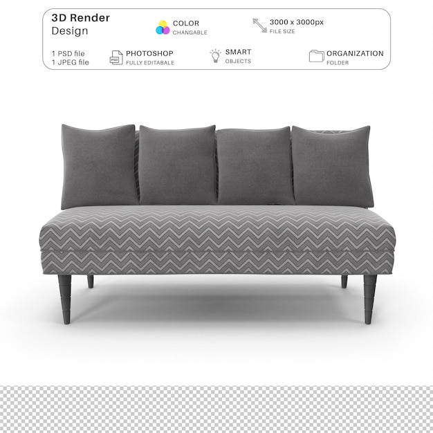 PSD sofa realista modelado en 3d archivo psd muebles interiores realistas