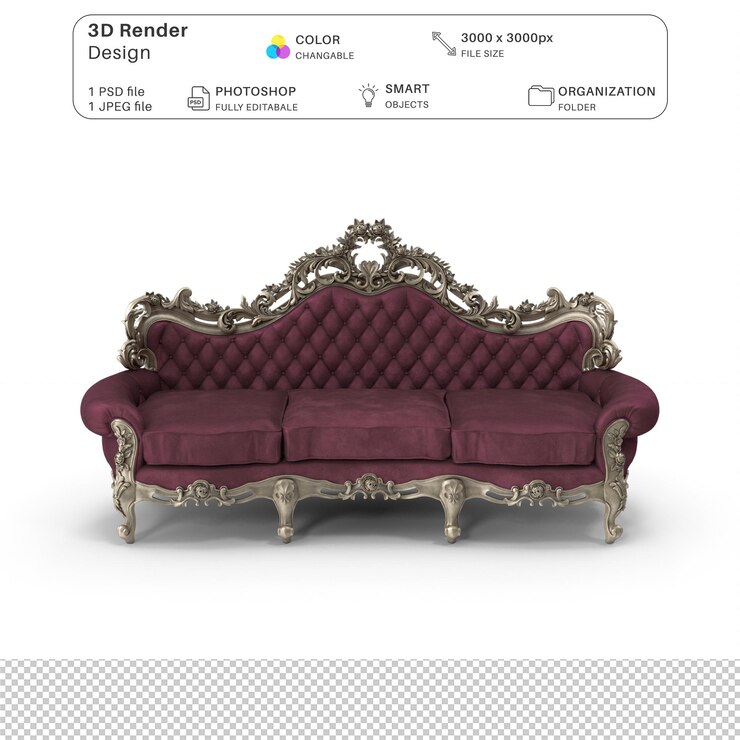 PSD sofa realista modelado en 3d archivo psd muebles interiores realistas