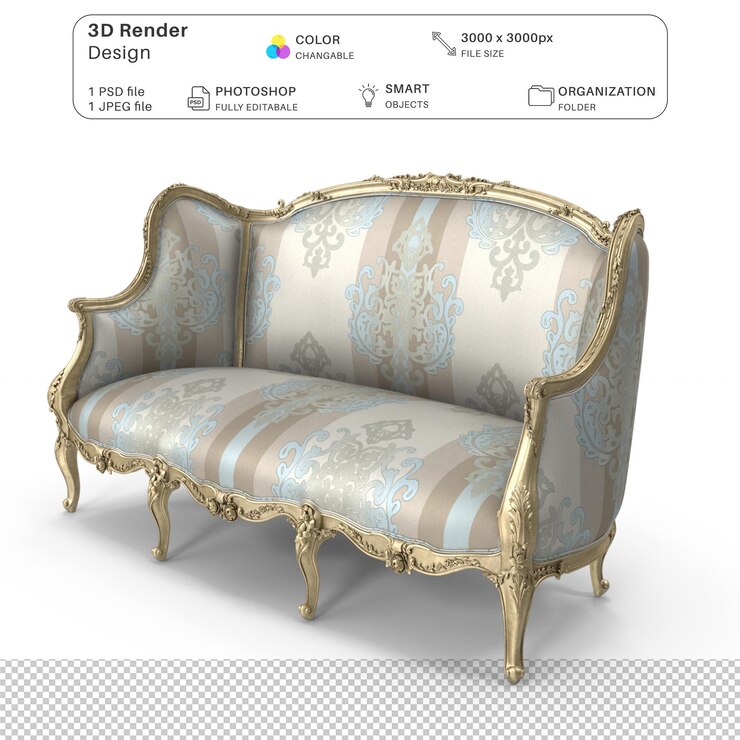 PSD sofa realista modelado en 3d archivo psd muebles interiores realistas