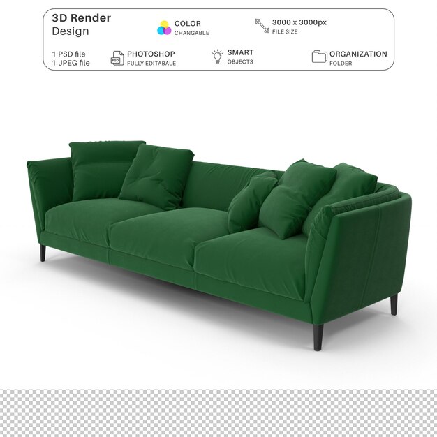 PSD sofa realista modelado en 3d archivo psd muebles interiores realistas