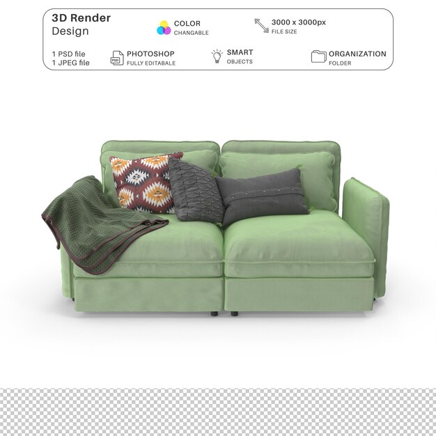 PSD sofa realista modelado en 3d archivo psd muebles interiores realistas