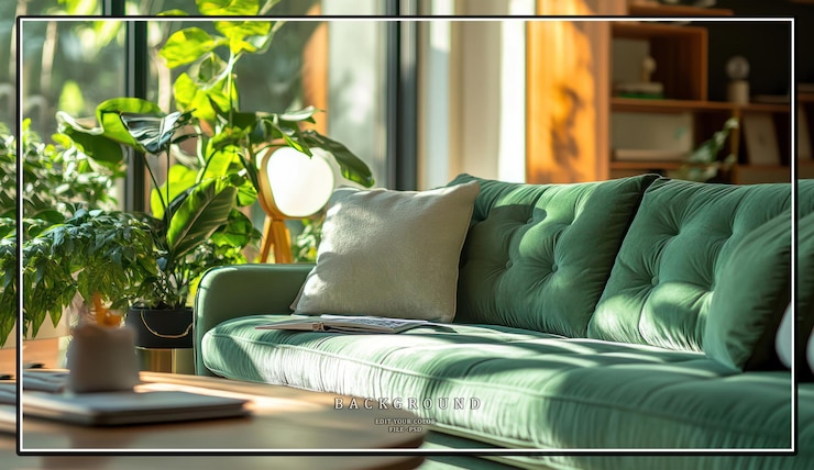 PSD un sofá de terciopelo verde con almohadas y un libro en una sala de estar con una ventana grande y una planta