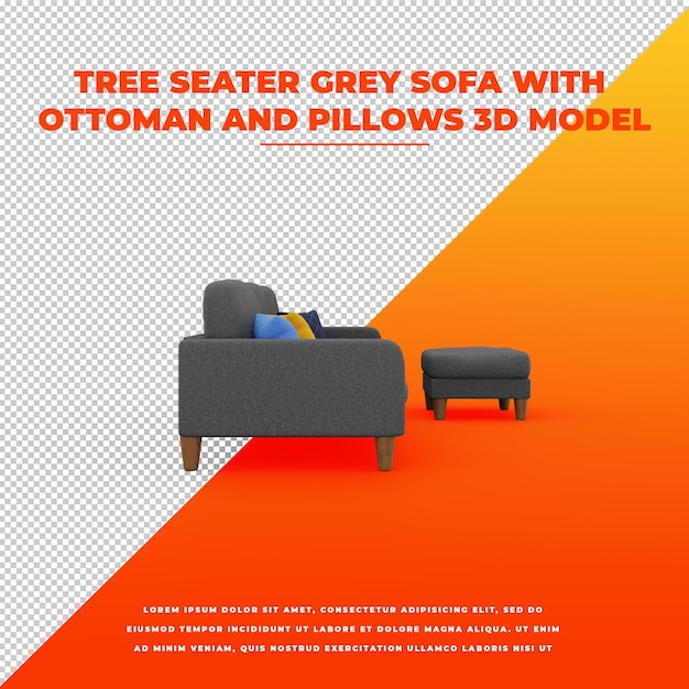 PSD sofá tree seater gris con otomana y almohadas