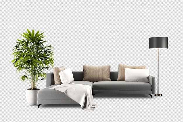 Sofa und Pflanze im 3D-Rendering