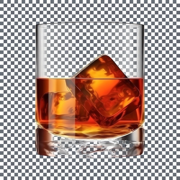 PSD sofisticado vaso de whisky con un toque de cubitos de hielo sobre un fondo transparente