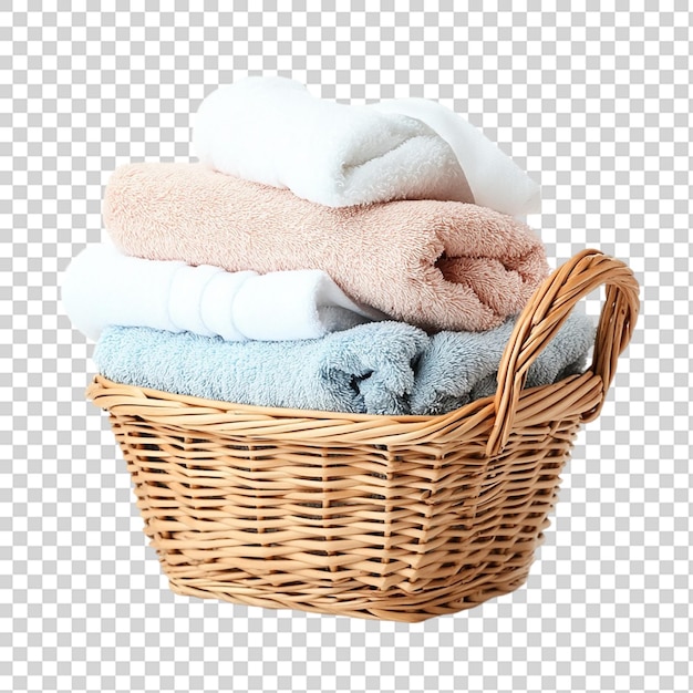 Soft and fluffy towels in a basket isolated on transparent background