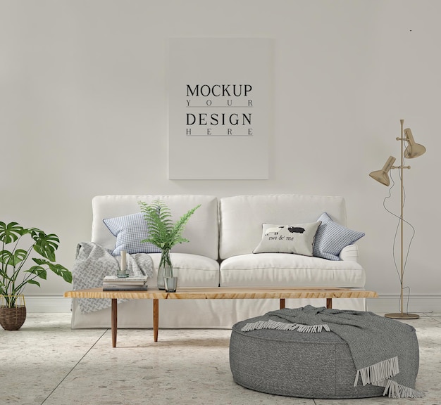 Soggiorno bianco con divano e poster mockup in cornice