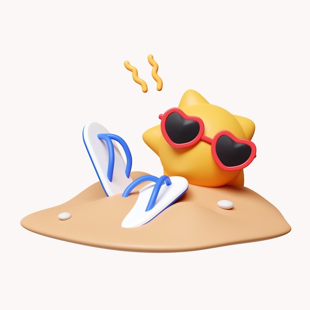 Sol 3d con gafas de sol en la arena con sandalias vacaciones de verano y vacaciones concepto icono aislado sobre fondo blanco ilustración de representación 3d Trazado de recorte