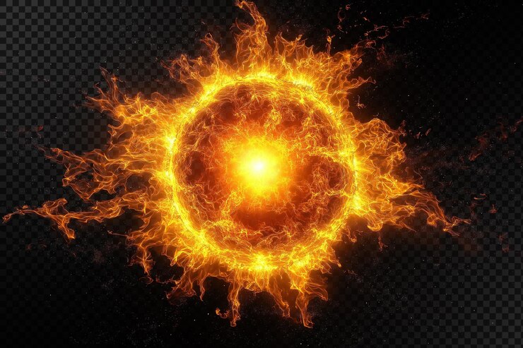 PSD un sol brillante con un fuego naranja y amarillo brillante