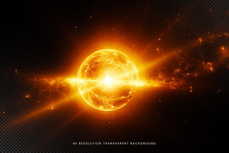 PSD sol con lente flare y círculos de fuego en fondo transparente