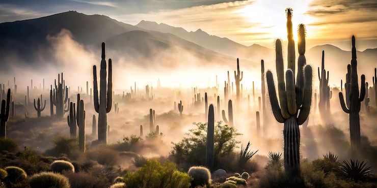 PSD el sol se levanta sobre un cactus - como el paisaje