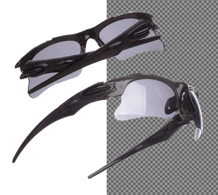 PSD sol negro moda gafas vuelan en el aire mostrando muchos ángulos girados gafas de moda de tendencia para el trabajo confiado y el uso hermoso es bueno para la forma de la cabeza fondo blanco aislado