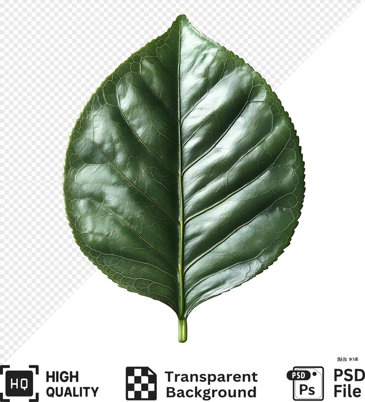 PSD una sola hoja verde con venas visibles aisladas sobre un fondo transparente