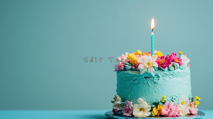 PSD una sola vela en un pastel de cumpleaños decorado con flores de colores