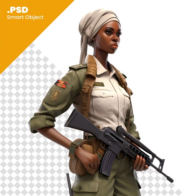 Soldada negra com rifle de assalto isolada em fundo branco modelo de renderização psd 3d