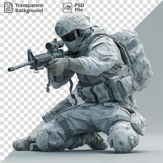 Soldado 3d em serviço segurando uma arma grande usando um capacete branco com uma perna visível em primeiro plano