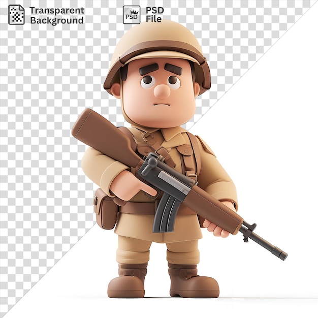 PSD soldado de desenho animado de psd 3d em guarda com uma arma vestindo um capacete castanho e botas castanhas segurando um brinquedo e com a boca fechada e olhos pretos