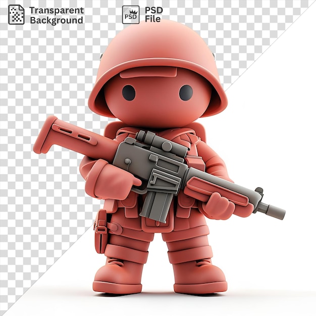 PSD soldado de desenho animado em 3d de guarda com uma arma grande usando um capacete vermelho e segurando um brinquedo enquanto uma mão rosa e um olho preto são visíveis em primeiro plano