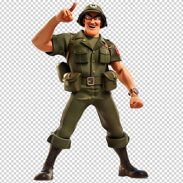 PSD soldado del ejército psd en uniforme personaje de dibujos animados cómicos en 3d aislado en fondo transparente png
