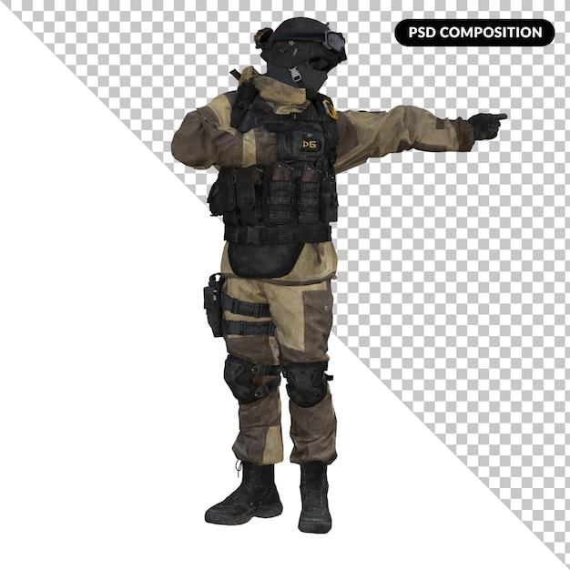 PSD soldado em uniforme militar isolado 3d