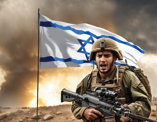 PSD soldado israelí agresivo frente a la bandera de su país concepto patriota israelí