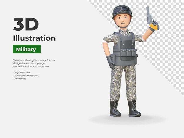 PSD soldado segurando uma arma de mão e um revólver ilustração de desenho animado 3d