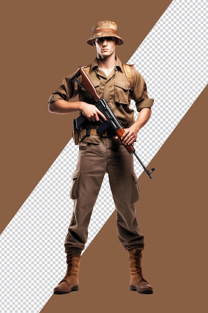 Soldado en uniforme y sombrero con ametralladora PNG