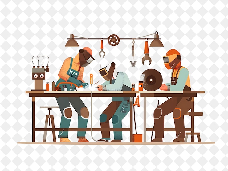 PSD soldador industrial con caracteres soldando y fabricándome png gente en el trabajo diario ilustración